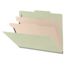 Gray/green 2-divider top tab classification folder shown open with manila dividers, fasteners, and expandable spine.