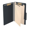 Open black legal-size classification folder showing two internal dividers and document fasteners