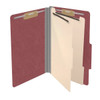 Open dark red legal-size classification folder with two manila dividers and metal fasteners
