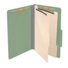 Open green legal-size classification folder with two manila dividers and metal fasteners