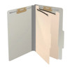 Open grey legal-size classification folder with two manila dividers and metal fasteners