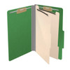 Open moss green legal-size classification folder with two manila dividers and metal fasteners