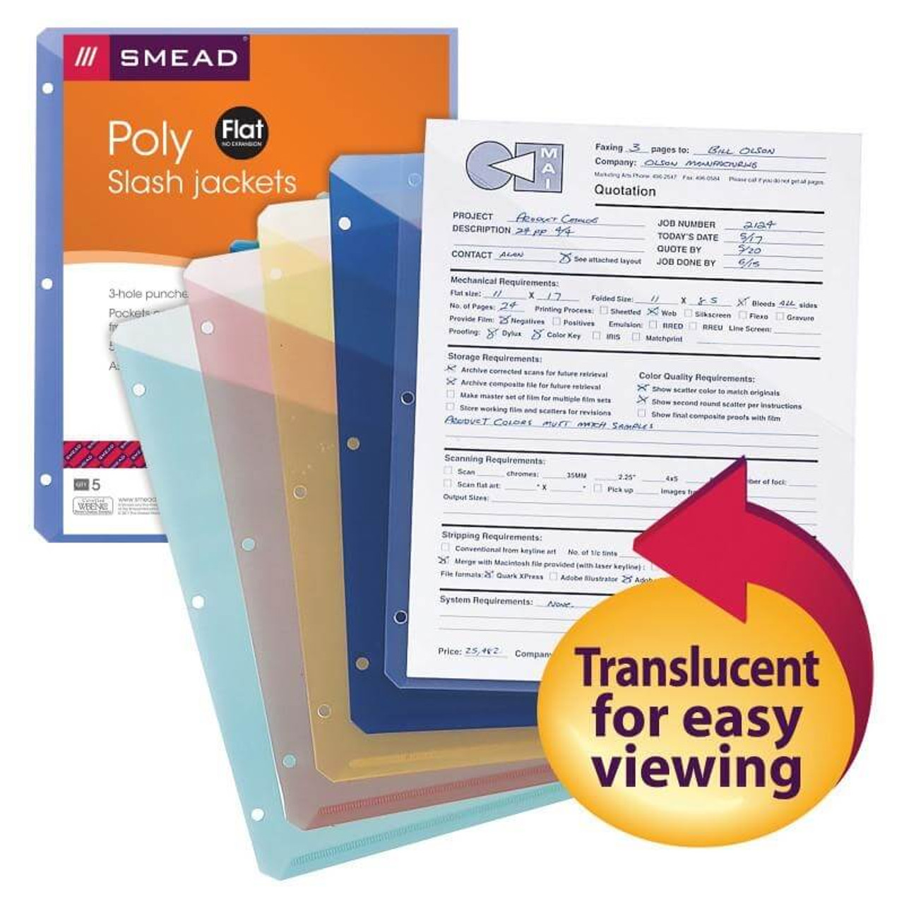 Smead 89505 Poly Slash File Jackets, 3-Hole Punch, Assorted
