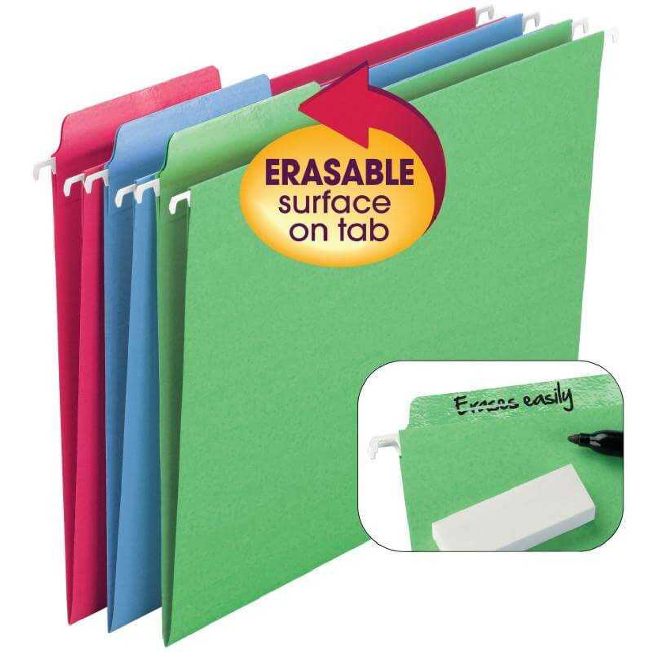 Smead Erasable FasTab Hanging File Folder, 1/3-Cut Built-In Tab, Letter Size, Assorted Colors, 18/Box