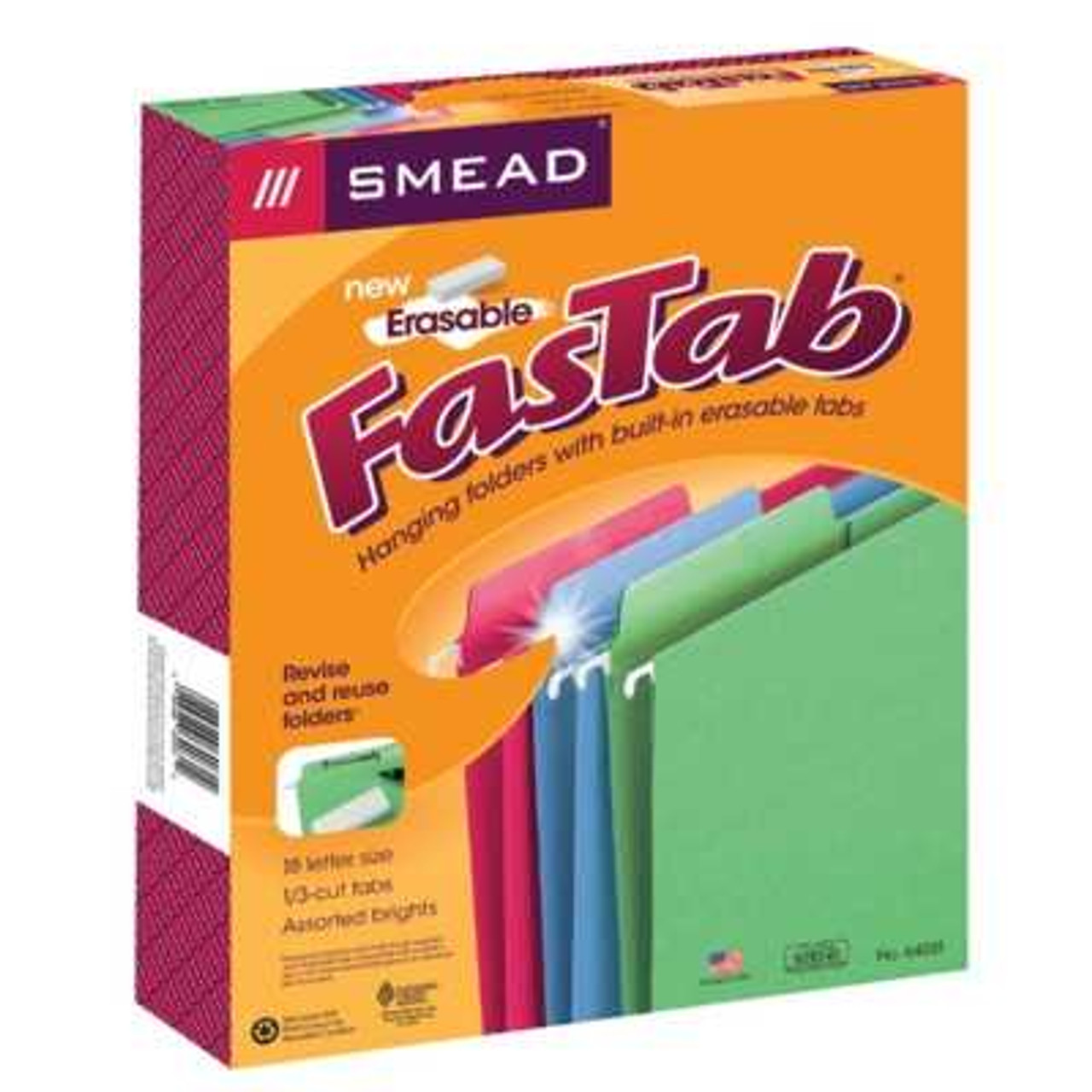 Smead Erasable FasTab Hanging File Folder, 1/3-Cut Built-In Tab, Letter Size, Assorted Colors, 18/Box