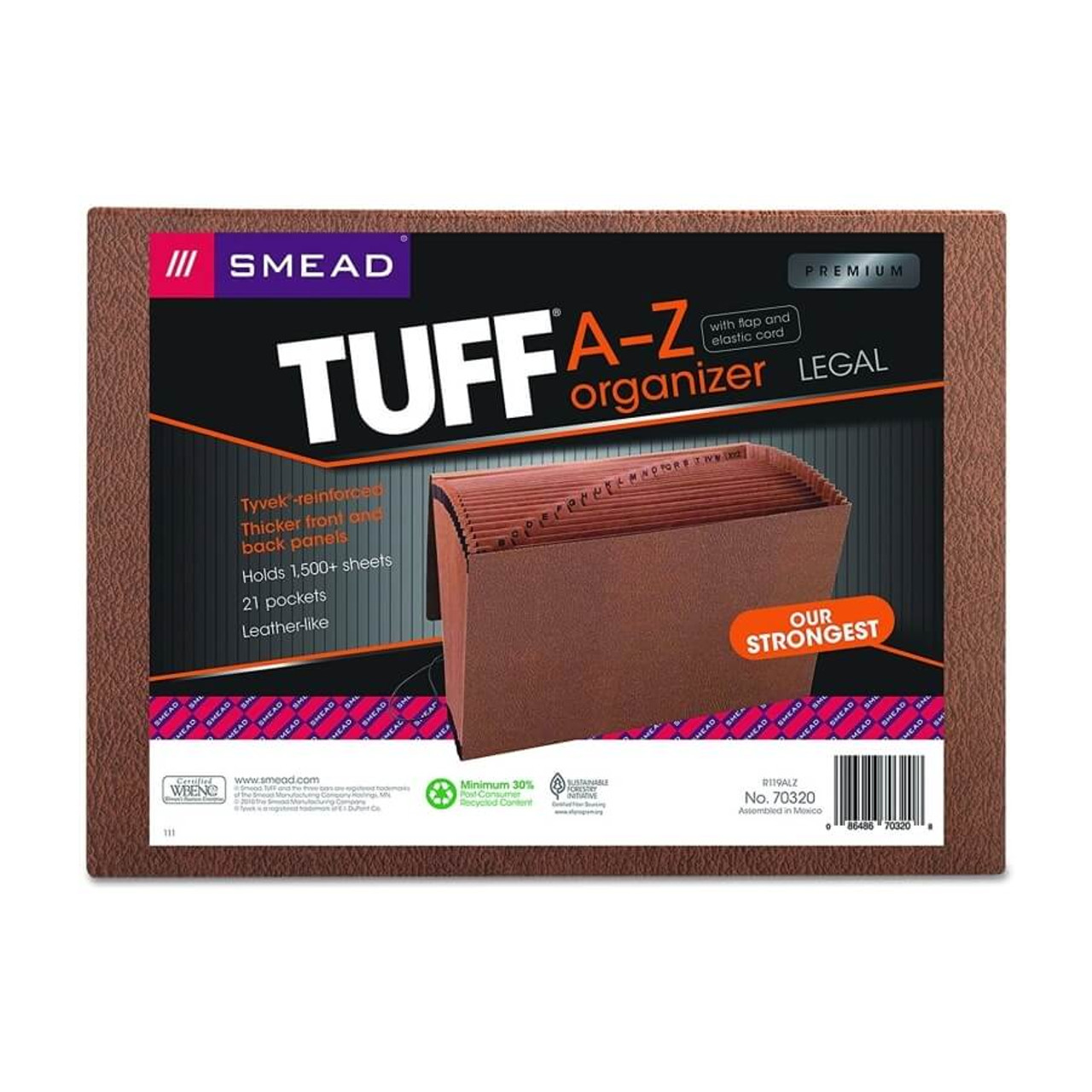 Smead TUFF Expanding File, Alphabetic (A-Z), 21 Pockets, Flap and Elastic Cord Closure, Legal Size, Redrope-Printed Stock