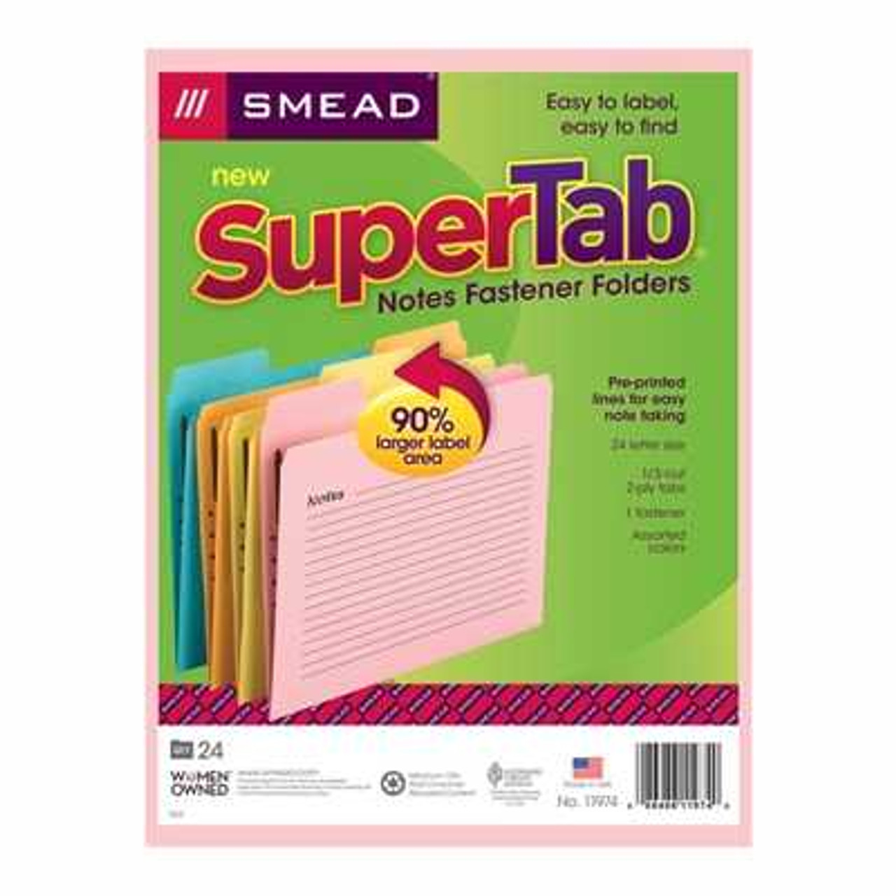 Smead SuperTab Notes Fastener Folders, One Fastener, Oversized 1/3-Cut Tab, Letter Size, Assorted Colors, 24/Pack