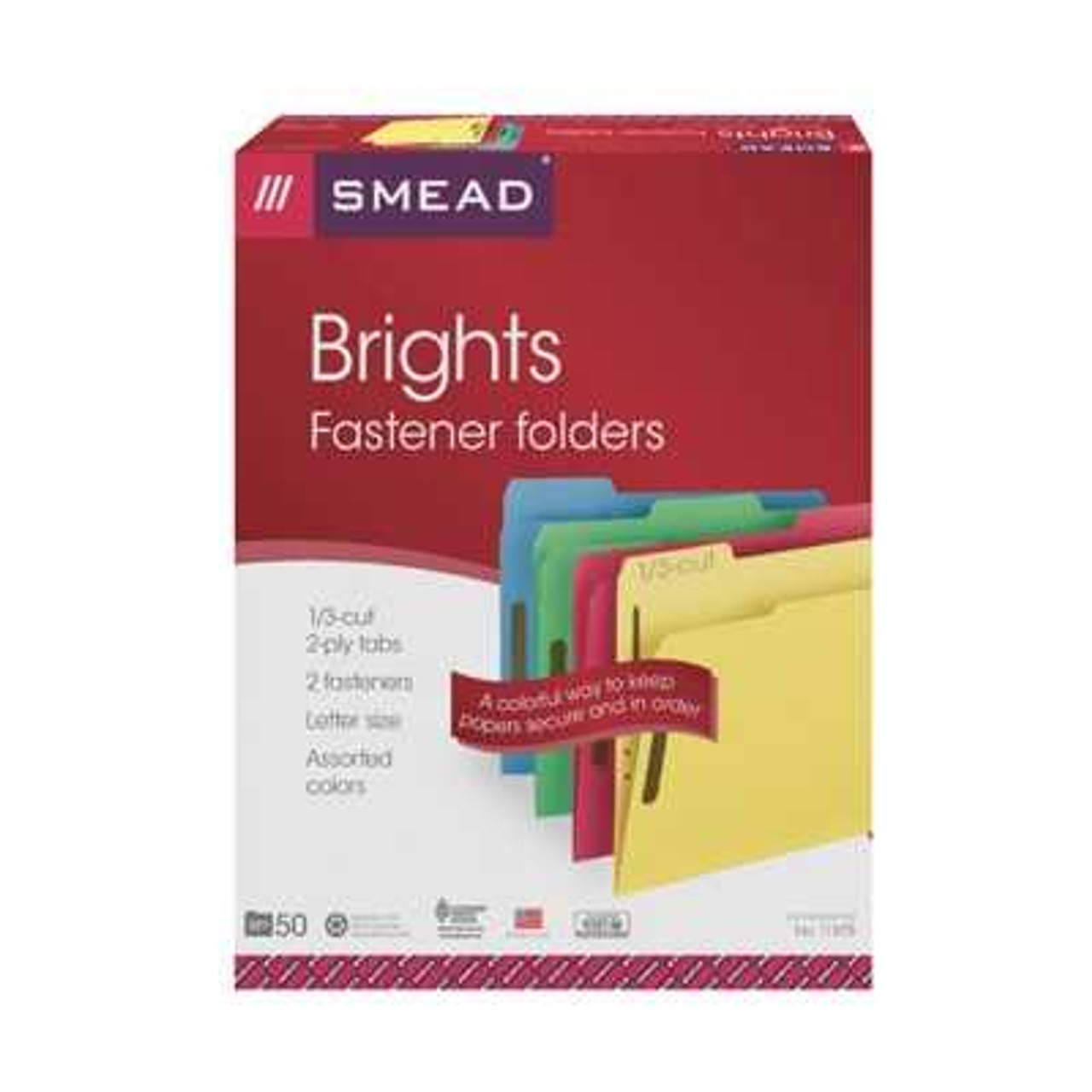 Smead Fastener File Folder, 2 Fasteners, Reinforced 1/3-Cut Tab, Letter Size, Assorted Colors, 50/Box