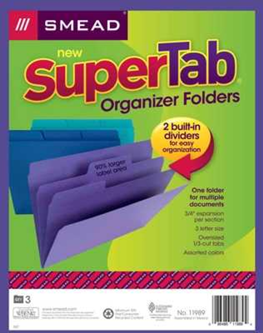 Smead SuperTab Organizer Folder, Oversized 1/3-Cut Tab, Letter, Assorted Colors, 3/Pack