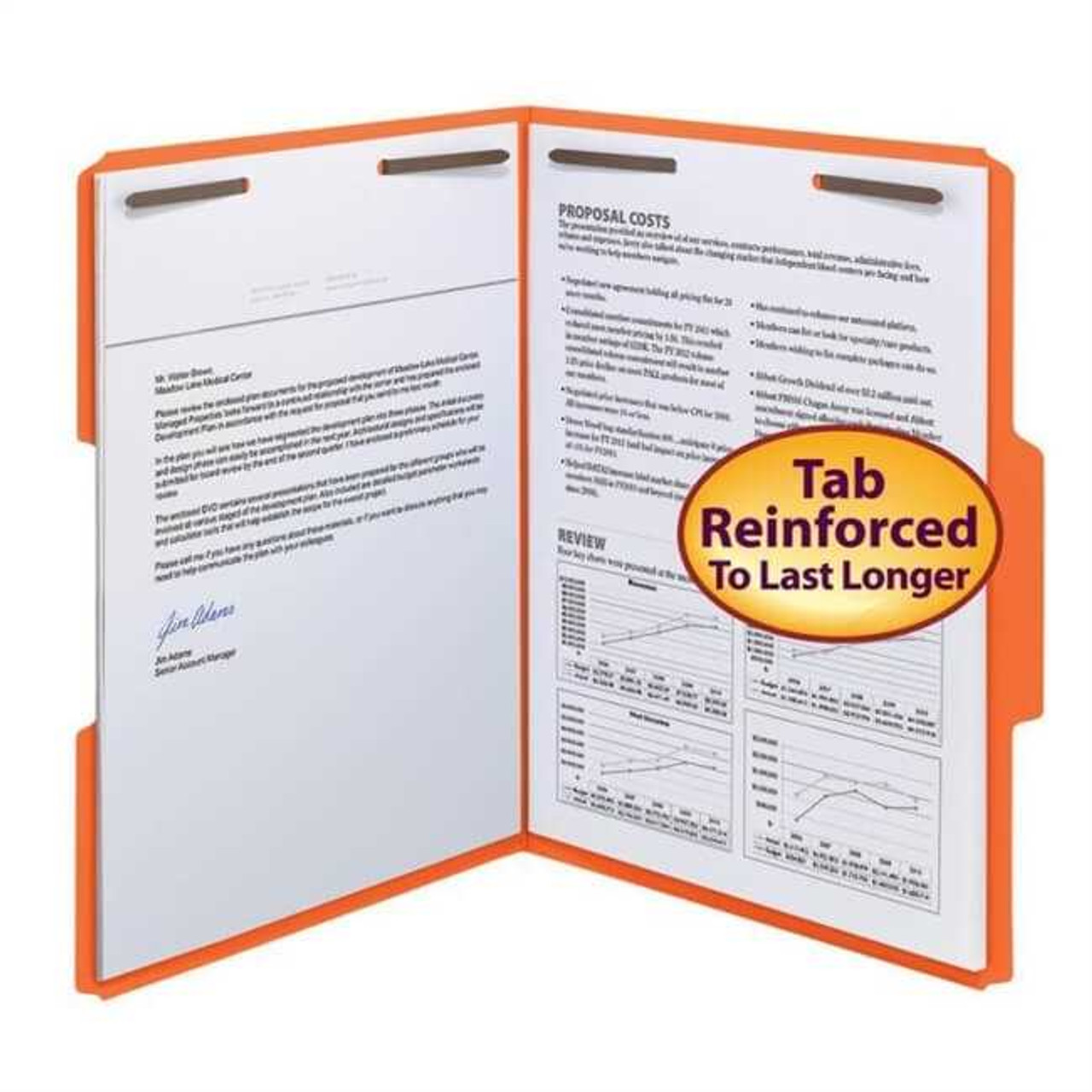Smead Fastener File Folder, 2 Fasteners, Reinforced 1/3-Cut Tab, Letter Size, Orange, 50/Box
