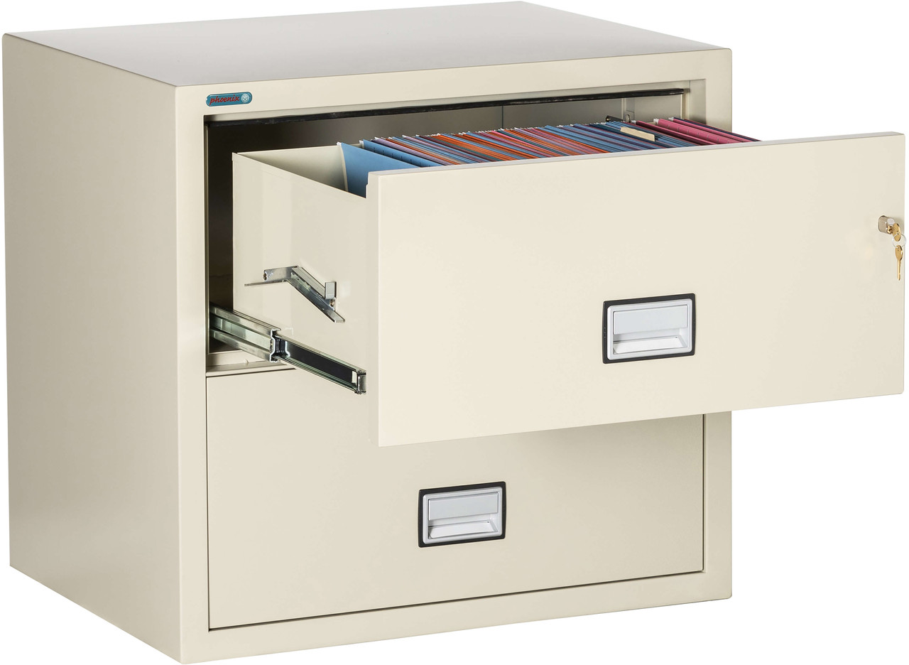 Open Phoenix 2-Drawer Lateral File Cabinet, 31 inches wide, 1-hour fireproof protection, putty finish