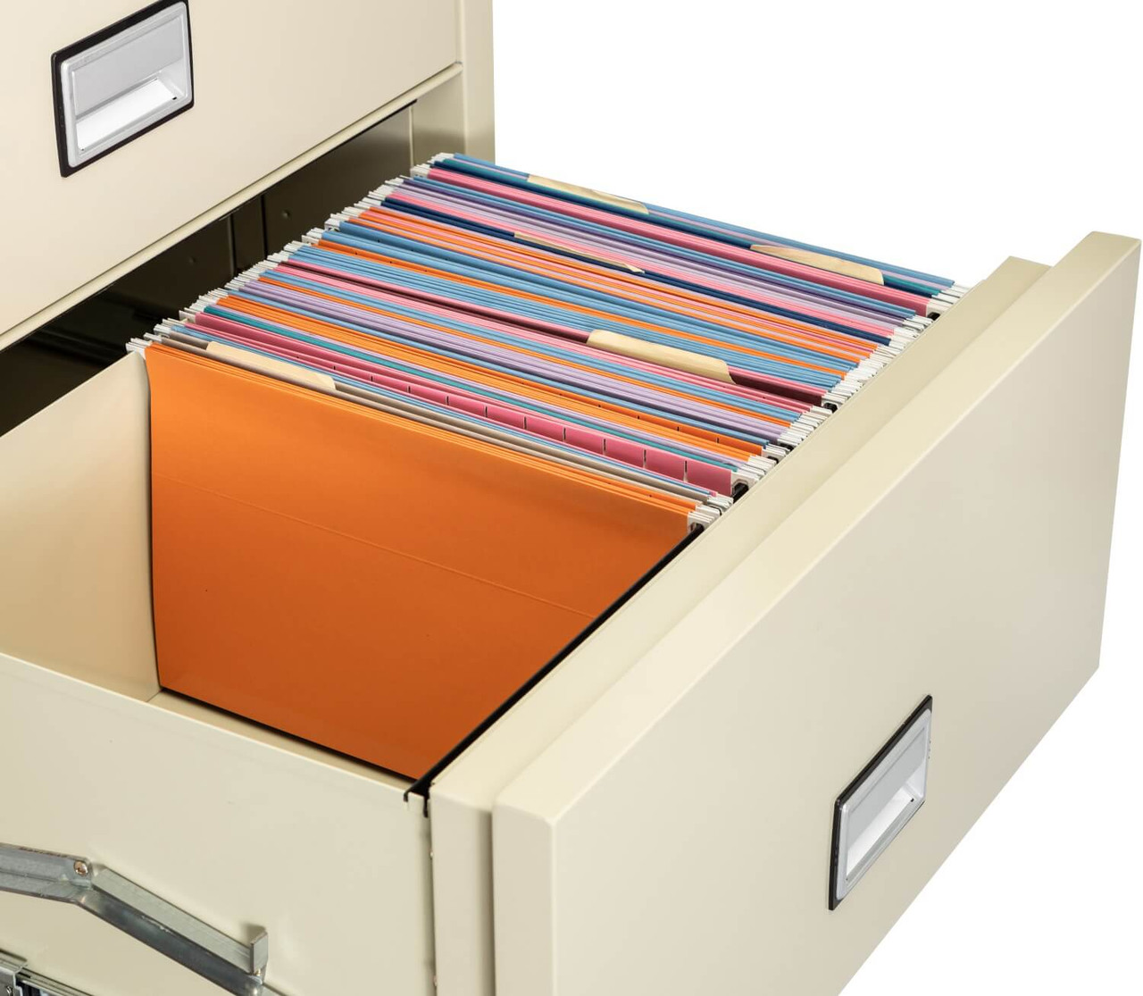Open drawer of Phoenix Lateral File Cabinet, 31 inches wide, showing color-coded hanging file folders