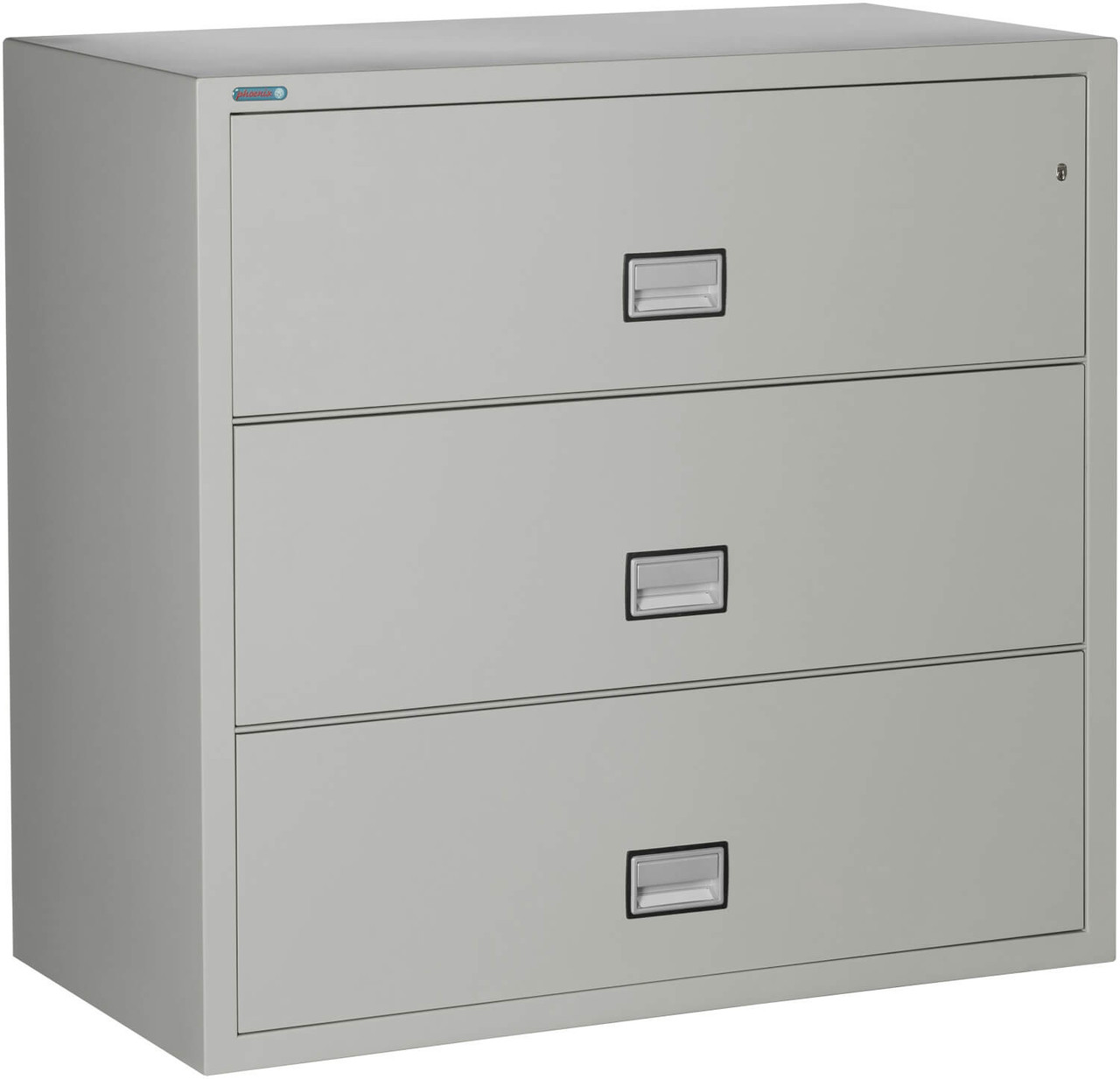 Light Gray Phoenix 3-Drawer Lateral File Cabinet, 44 inches wide, 1-hour fireproof, with secure lock and spacious drawer handles for easy access.