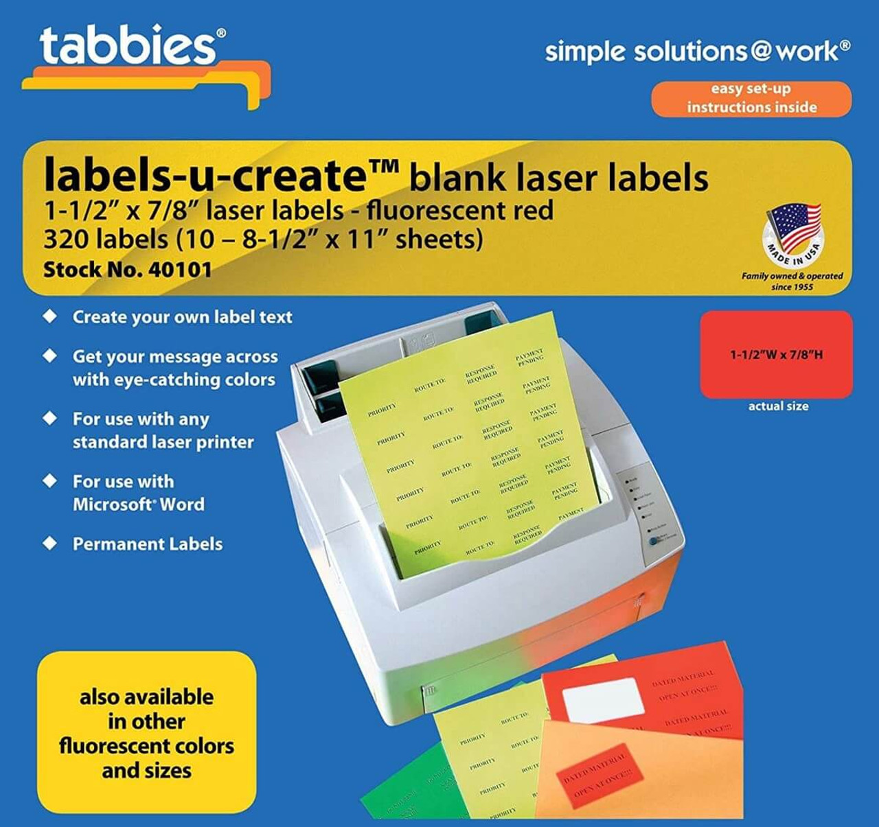 Tabbies Labels-U-Create Blank Labels, 7/8 H x 1 1/2 W, Fluorescent Red, 320/Pack