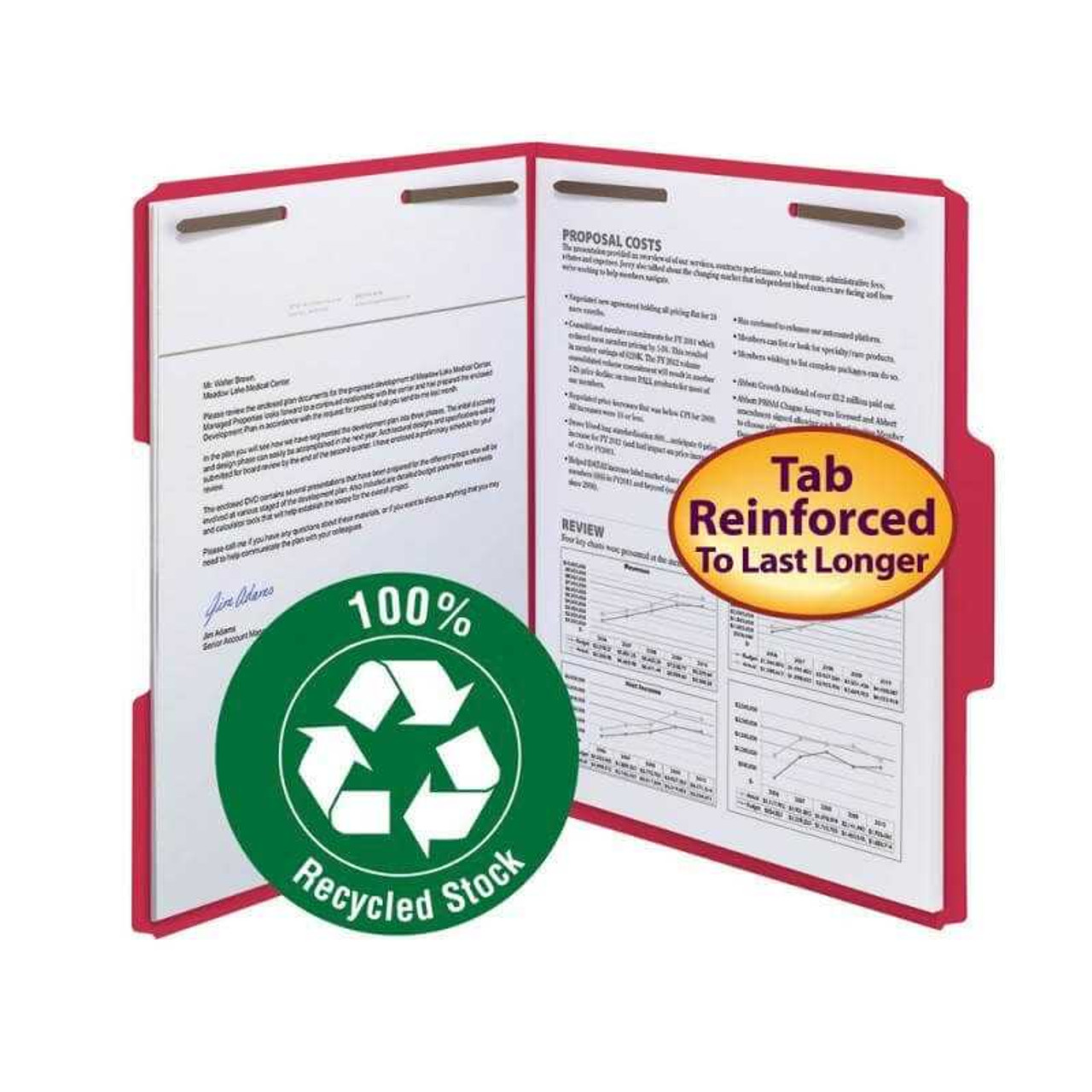 Smead 100% Recycled Folders, Letter Size, 1/3-Cut Reinforced Tab, 2 Fasteners, Red, 50/Box