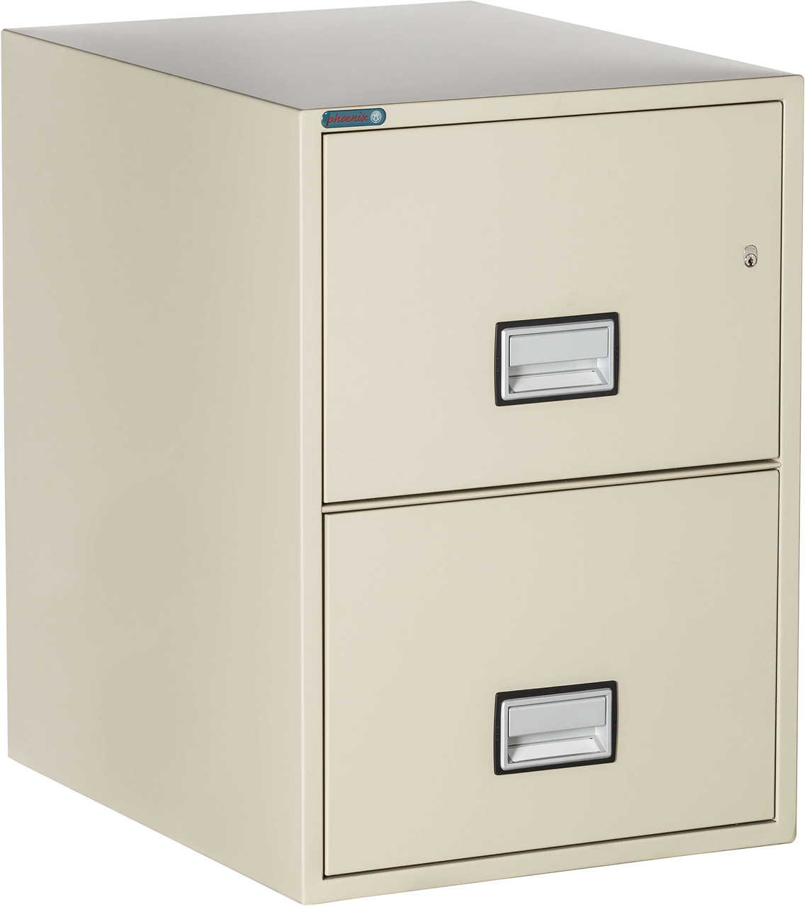 Putty Phoenix 2-drawer legal size file cabinet, 25 inches deep, with recessed handles and a lock.