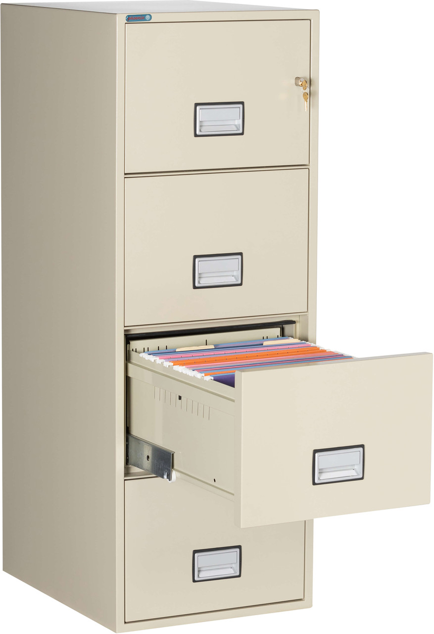 Phoenix LGL4W25 Fireproof File Cabinet, 4-Drawer, Legal Size, 25" Deep, 1-Hour Fire-Rated, Putty, Open