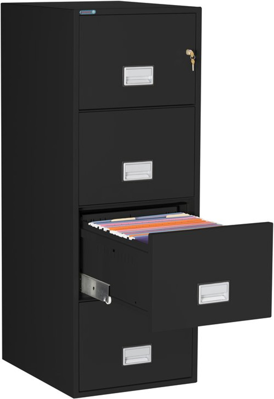 Phoenix LGL4W25 Fireproof File Cabinet, 4-Drawer, Legal Size, 25" Deep, 1-Hour Fire-Rated, Black, Open