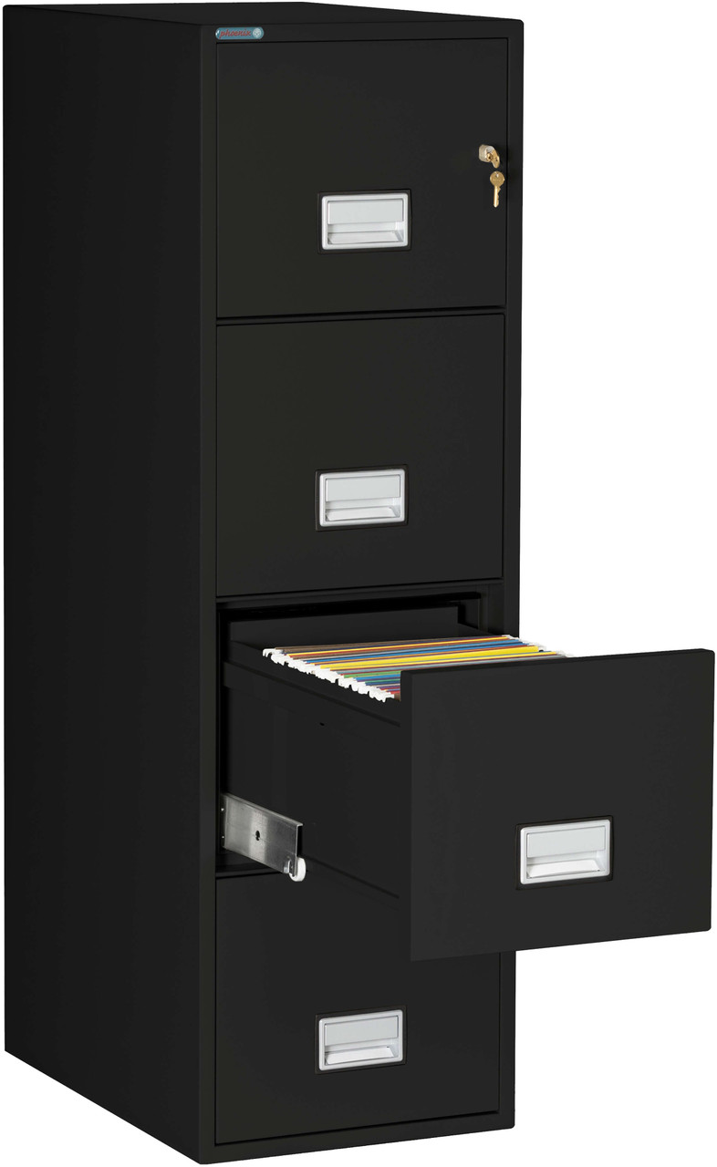 Phoenix File Cabinet, 4-Drawer, Letter Size, 25 Deep, Black, Open