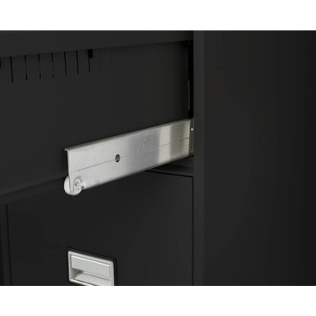 Side view of a Phoenix fireproof file cabinet showing the metal drawer slide mechanism for smooth operation.