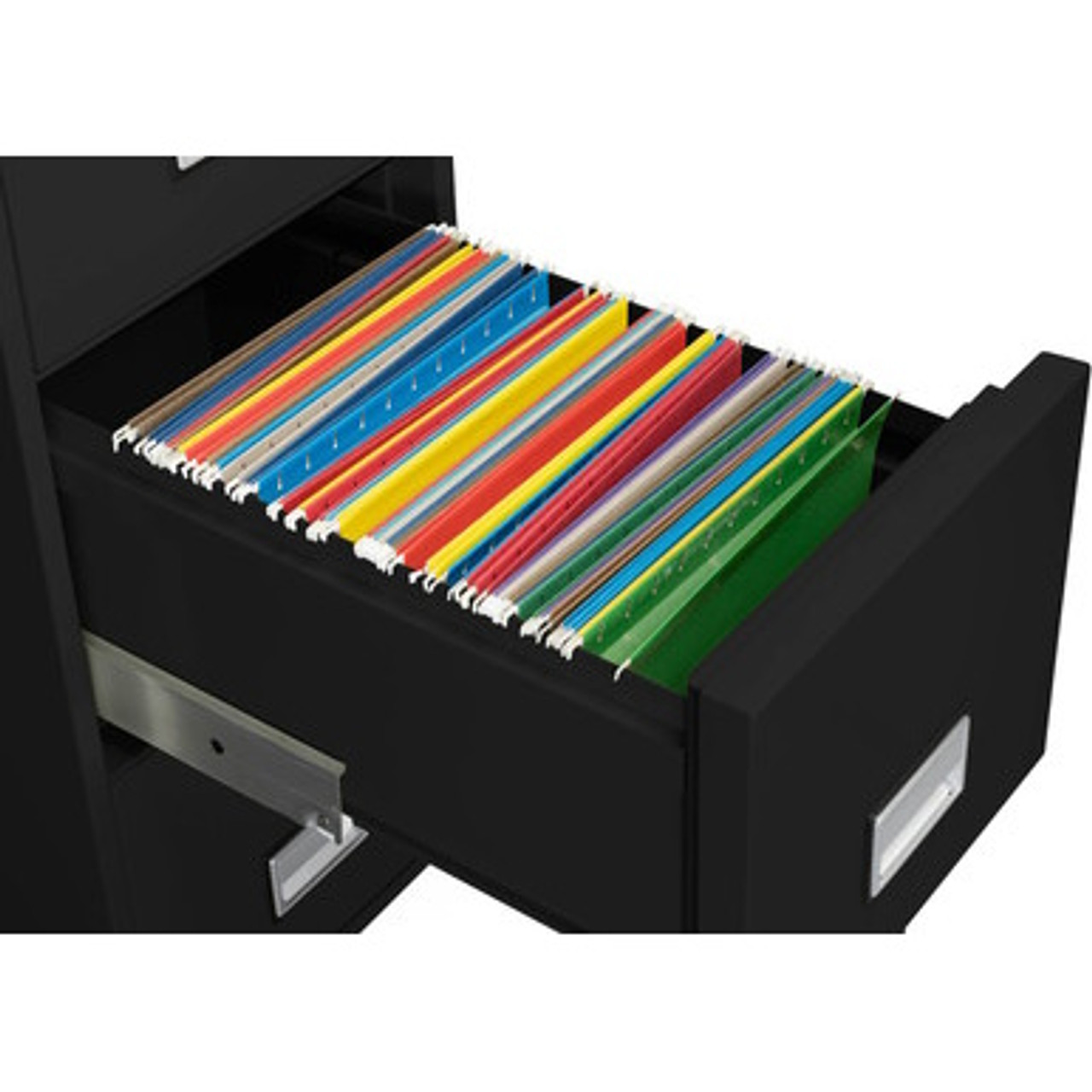 Phoenix Fireproof File Cabinet with open drawer showing letter-size hanging folders in multiple colors, organized neatly for filing.