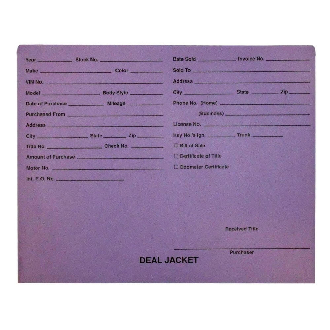 Lavender Letter Size Auto Dealer Jacket with Front Printed, 11 pt Lavender Stock, Packaged 100/box