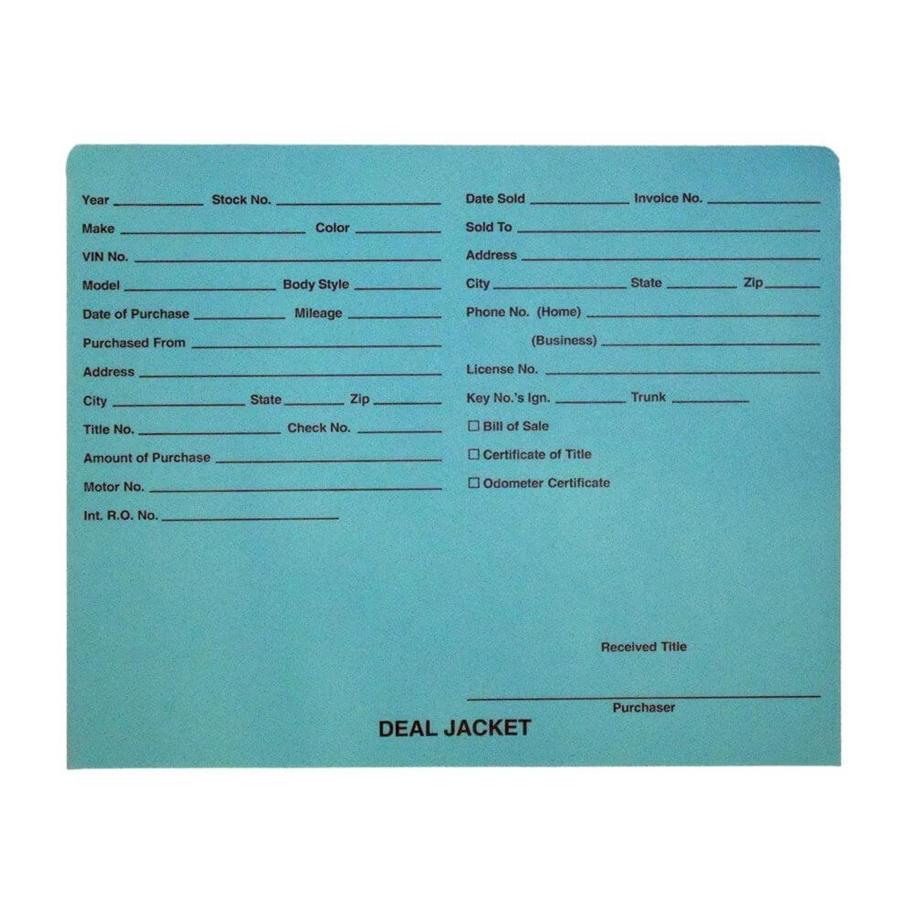 Turquoise Letter Size Auto Dealer Jacket with Front Printed, 11 pt Turquoise Stock, Packaged 100/box