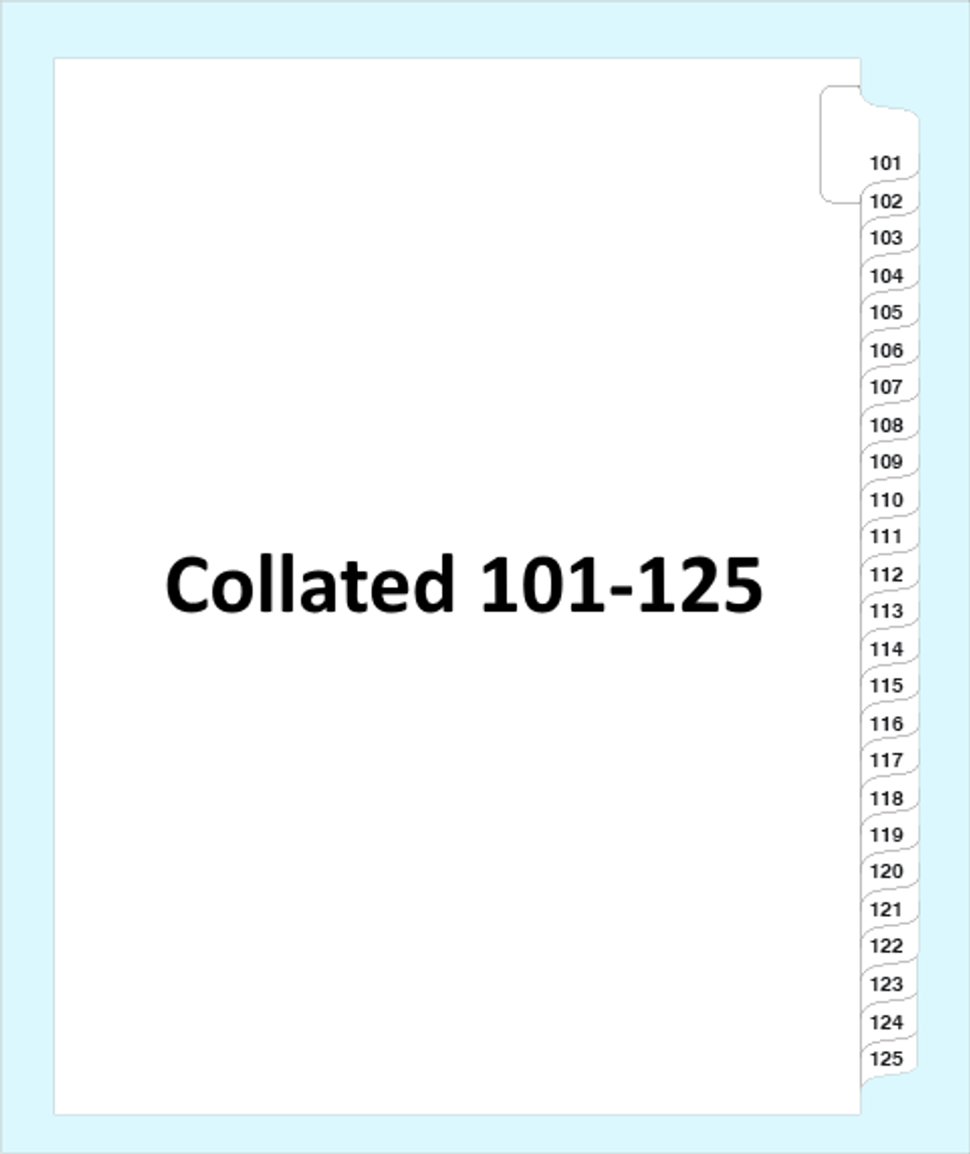 Collated Legal Index Tabs Numbers 101 to 125, Side Tab, Letter Size, 25-Set