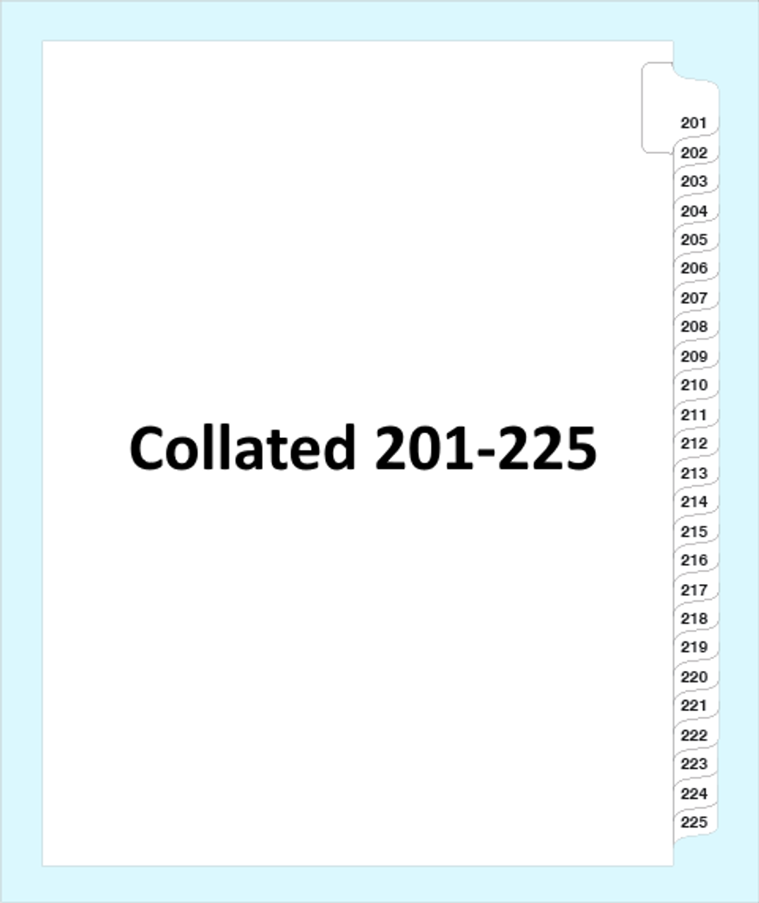 Collated Legal Index Tabs Numbers 201 to 225, Side Tab, Letter Size, 25-Set