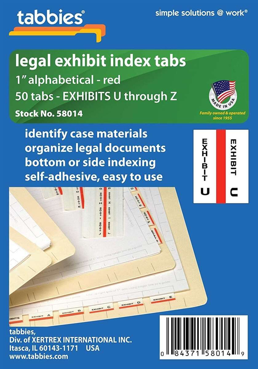 Tabbies Alphabetical Exhibit Index Tabs, U-Z, 1" Tabs, Red, 250 Tabs Per Box