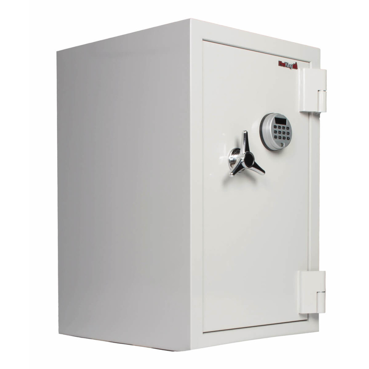 FireKing KF2722-1WHE safe – angled view of closed safe with chrome tri-spoke handle and digital keypad lock