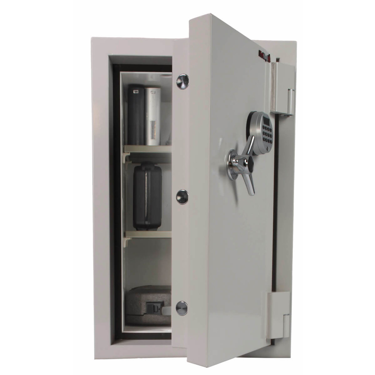 FireKing KF2722-1WHE fire safe open – shelves organized with binders, documents, and lockbox inside
