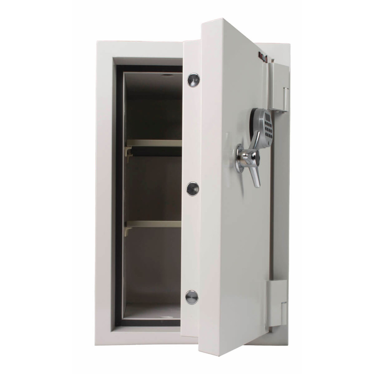FireKing KF2722-1WHE safe open – empty interior with two adjustable shelves and thick fire-lined walls