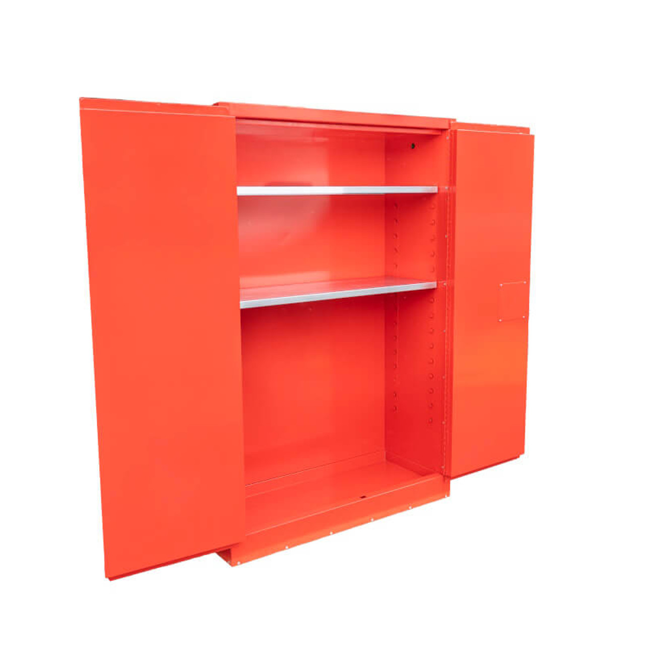 FireKing red safety cabinet with two adjustable steel shelves and containment sump for hazardous materials