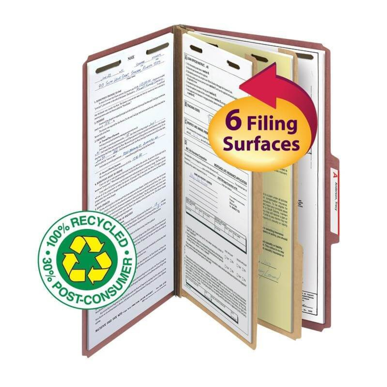 Smead 100% Recycled Pressboard Classification Folder, 2 Divider, 2" Exp, Legal Size, Red, 5/Pack
