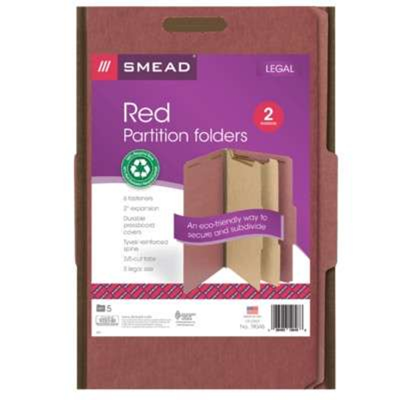 Smead 100% Recycled Pressboard Classification Folder, 2 Divider, 2" Exp, Legal Size, Red, 5/Pack