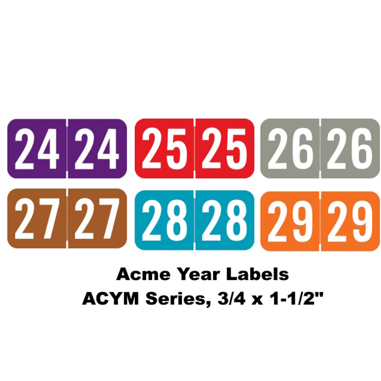 Acme Year Labels – ACYM Series, 3/4 x 1-1/2" – Color-coded year stickers for 2024 to 2029