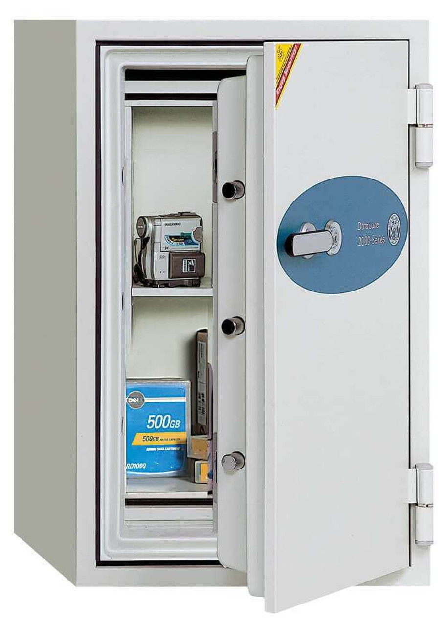 Datacare 2000 Series fireproof storage cabinet with open door showing internal shelves and secured electronic media storage