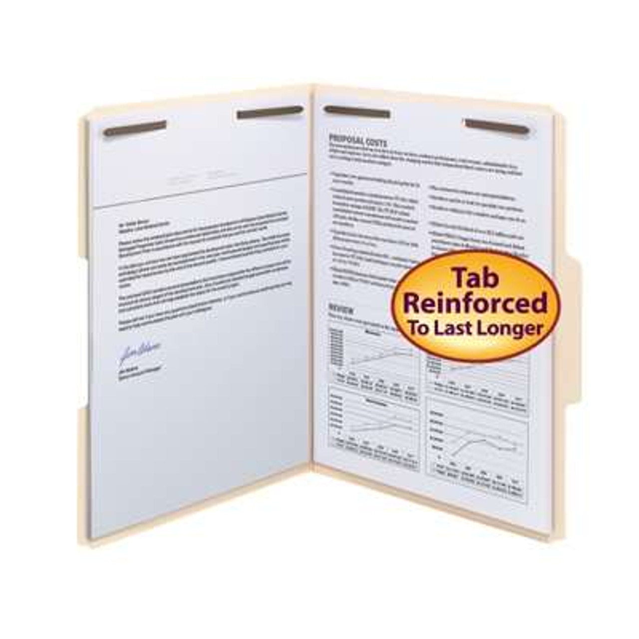 File Folders, Letter Size, Reinforced 1/3-Cut Tab, 2 Fasteners, Manila, 50/Box