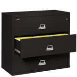 FireKing 3-4422-C black 3-drawer lateral file cabinet with open drawer showing front-to-back filing