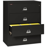 FireKing 4-4422-CBL lateral fireproof file cabinet with drawer open, front to back filing.