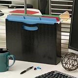 Smead Poly File Box, 3 inch expansion with die-cut handle, black wave pattern, shown on office desk with hanging folders