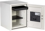 White Phoenix Dual-Lock Fireproof Safe, 1.3 cu ft, with Key and Combination Lock, Door Open Showing Interior, Ideal for Home and Office