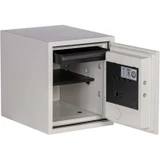 Open off-white Phoenix Digital Fireproof Safe, showcasing 0.87 cu ft capacity with a shelf and drawer for organized storage