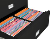 Black Phoenix 2-Drawer Lateral File Cabinet, 38 inches wide, Shown with 2 Columns of File Folders (Zoomed In)