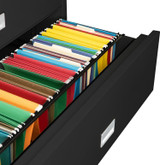 Black Phoenix 3-Drawer Lateral File Cabinet, 44 inches wide showing letter size hanging folders using optional bar.