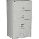 Light Gray Phoenix 4-Drawer Lateral File Cabinet, 31 inches wide, 1-hour fireproof, with key lock and spacious drawer handles for easy access.