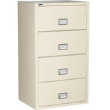Putty Phoenix 4-Drawer Lateral File Cabinet, 31 inches wide, 1-hour fireproof, with key lock and spacious drawer handles for easy access.