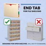 End Tab File Jacket Folders are for use in open side tab shelving and will not properly fit in drawer storage.