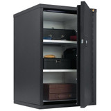 Open Fireshield Storage Cabinet in Black with Shelves Holding Various Items - Secure and Fireproof Storage Solution